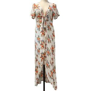 Love Riche Floral Maxi Dress Tie Front Flutter Short Sleeves Plunge Lined Large